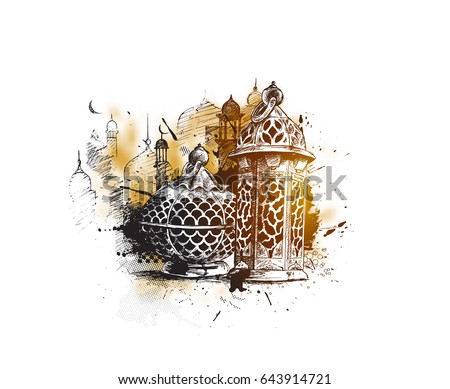Eid Mubarak celebration- calligraphy stylish lettering Ramadan Kareem text with mosque. Vector illustration. Eid Mubarak celebration- calligraphy stylish lettering Ramadan Kareem text with mosque. Vector illustration.