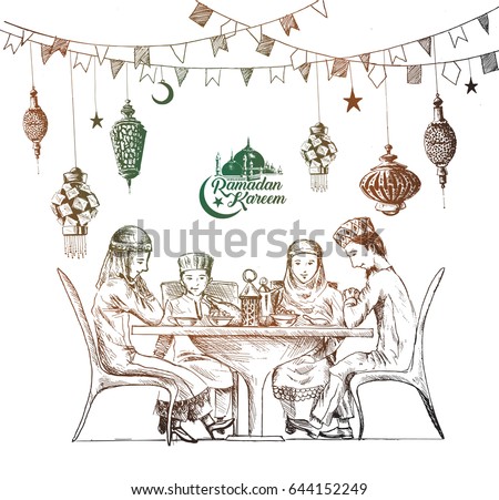 Happy Muslim family Ramadan Kareem Iftar party celebration, Hand Drawn Sketch Vector illustration. Happy Muslim family Ramadan Kareem Iftar party celebration, Hand Drawn Sketch Vector illustration.