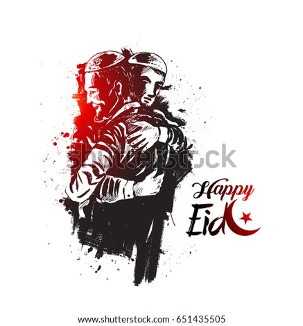 Muslim man hugging and wishing to each other on occasion of Eid celebration, Hand Drawn Sketch Vector illustration. Muslim man hugging and wishing to each other on occasion of Eid celebration, Hand Drawn Sketch Vector illustration.