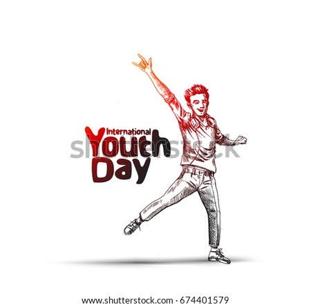 Happy boy jumping on a white background. The concept of friendship, healthy lifestyle, success. International Youth day,12 August, Happy boy jumping on a white background. The concept of friendship, healthy lifestyle, success. International Youth day,12 August,