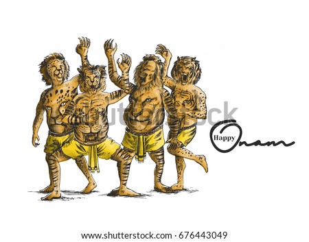 Puli Kali, tiger dance for Onam celebration, Hand Drawn Sketch Vector illustration. Puli Kali, tiger dance for Onam celebration, Hand Drawn Sketch Vector illustration.