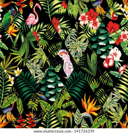 Exotic beach trendy seamless pattern, patchwork illustrated floral vector tropical banana leaves, hibiscus flower, lilies, plumeria. Jungle parrots and pink flamingos wallpaper print black background Exotic beach trendy seamless pattern, patchwork illustrated floral vector tropical banana leaves, hibiscus flower, lilies, plumeria. Jungle parrots and pink flamingos wallpaper print black background