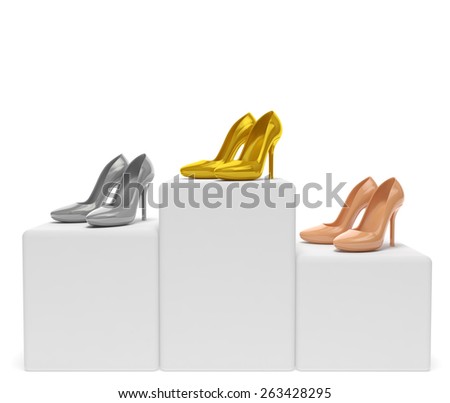 Gold, silver, bronze woman shoes (high heels stilettos) stand on ...