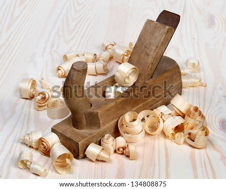 planer tools on wood table background - stock photo