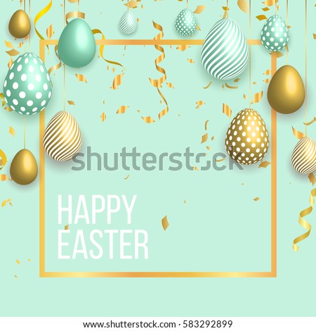Happy easter template with gold ribbon and eggs, frame, green background and gold confetti. Vector illustration. Design layout for invitation, card, menu, flyer, banner, poster, voucher. Happy easter template with gold ribbon and eggs, frame, green background and gold confetti. Vector illustration. Design layout for invitation, card, menu, flyer, banner, poster, voucher.
