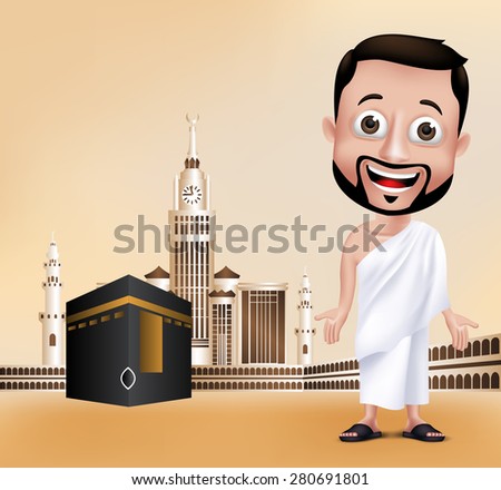 3D Realistic Muslim Man Character Wearing Ihram Clothes Performing Hajj or Umrah with Kaaba and Golden Clock Tower in Makkah Background. Editable Vector Illustration - stock vector