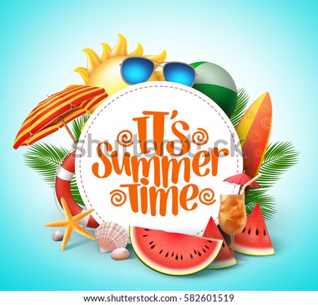 Summer time vector banner design with white circle for text and colorful beach elements in white background. Vector illustration.
Summer time vector banner design with white circle for text and colorful beach elements in white background. Vector illustration.