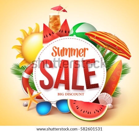 Summer sale vector banner design for promotion with colorful beach elements behind white circle in yellow background. Vector illustration.
Summer sale vector banner design for promotion with colorful beach elements behind white circle in yellow background. Vector illustration.