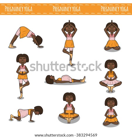 drawn pregnant african american women on pregnancy yoga theme. Healthy ...