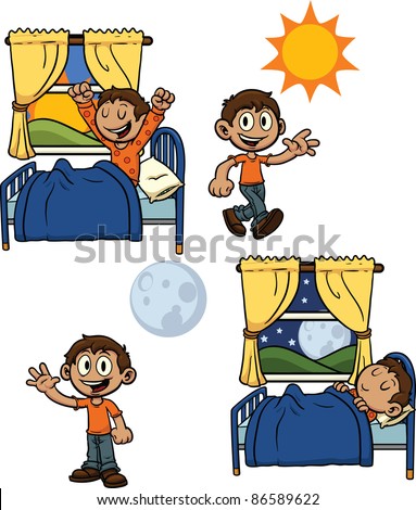 Cartoon kid waking up and going to bed. All elements are in separate ...