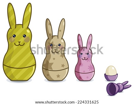 Easter bunnies toys of different sizes and colors with egg - stock 