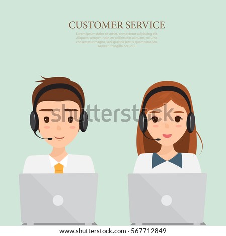 man and woman wearing headsets conceptual of client services and communication. call center service job character. man and woman wearing headsets conceptual of client services and communication. call center service job character.