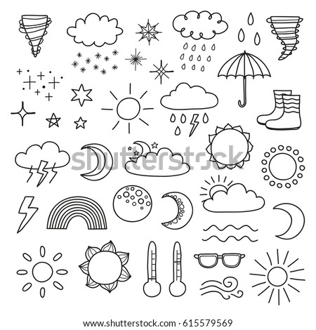 Collection of doodle outline weather icons including sun, clouds, rain drops, snowflakes, stars, moon, rainbow, thunder, thermometer isolated on white background. Collection of doodle outline weather icons including sun, clouds, rain drops, snowflakes, stars, moon, rainbow, thunder, thermometer isolated on white background.