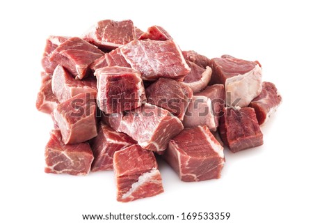 Beef Stew Meat Raw - diced raw blade or chuck steak, on white 