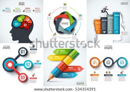 Vector human head, pencil, businessman and other elements for infographic. Template for diagram, graph, presentation and chart. Business concept with 3, 4 and 5 options, parts, steps or processes. Vector human head, pencil, businessman and other elements for infographic. Template for diagram, graph, presentation and chart. Business concept with 3, 4 and 5 options, parts, steps or processes.