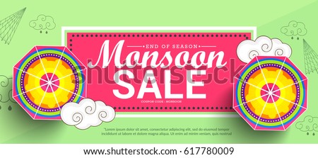Creative Sale Banner Or Sale Poster Of Monsoon Season With Colorful Umbrella,Text Space Background. Creative Sale Banner Or Sale Poster Of Monsoon Season With Colorful Umbrella,Text Space Background.