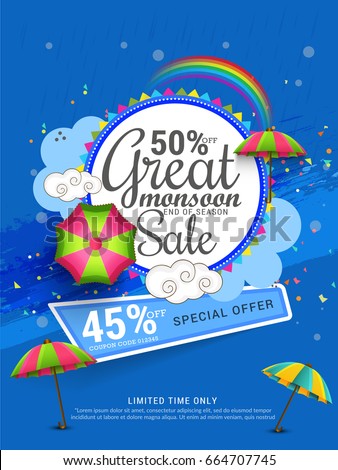 Illustration, sale banner, sale poster for Monsoon season raining drops,colorful umbrella with text space background. Illustration, sale banner, sale poster for Monsoon season raining drops,colorful umbrella with text space background.