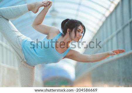 ... Yoga Outside On Bridge, Healthy Lifestyle Wellness Concept - stock