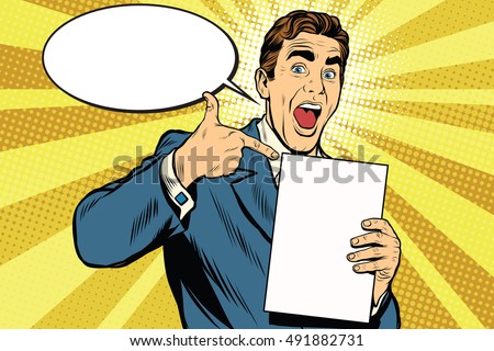 Happy male with the document or diploma, pop art retro vector illustration Happy male with the document or diploma, pop art retro vector illustration