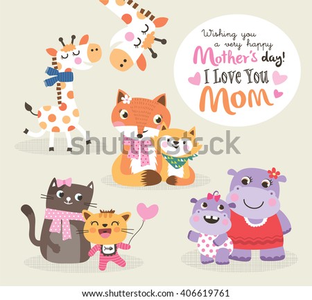 Mother's day greeting card. Vector illustration. Cute little giraffe, fox, cat and hippo with their mother. - stock vector Mother's day greeting card. Vector illustration. Cute little giraffe, fox, cat and hippo with their mother. - stock vector