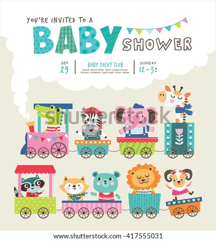 Baby shower invitation card with cute animals on train - stock vector Baby shower invitation card with cute animals on train - stock vector