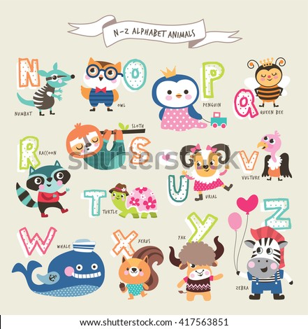 Cute cartoon animals alphabet from N to Z - stock vector Cute cartoon animals alphabet from N to Z - stock vector