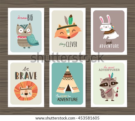 Set of creative cards templates with tribal cartoon animals and quotes - stock vector Set of creative cards templates with tribal cartoon animals and quotes - stock vector
