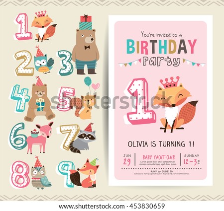 Birthday Anniversary Numbers with Cute Animals & Birthday Party Invitation Card Template - stock vector Birthday Anniversary Numbers with Cute Animals & Birthday Party Invitation Card Template - stock vector