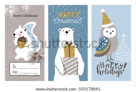 Set of Christmas cards with cute little squirrel, bear and owl Set of Christmas cards with cute little squirrel, bear and owl