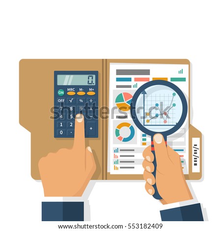 Research business concept. Businessman analyzing financial market research charts. Tax audit, financial report, planning accounting. Calculator magnifying glass in hand. Vector illustration flat style Research business concept. Businessman analyzing financial market research charts. Tax audit, financial report, planning accounting. Calculator magnifying glass in hand. Vector illustration flat style
