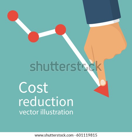 Cost reduction concept. Cost down. Businessman with his hand lowers the arrow of the graph. Vector illustration flat design. Isolated on background. Decrease down profit. Declining chart. Cost reduction concept. Cost down. Businessman with his hand lowers the arrow of the graph. Vector illustration flat design. Isolated on background. Decrease down profit. Declining chart.