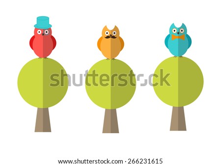 Stylish flat illustration of three different funny hipster owls sitting on trees - stock vector