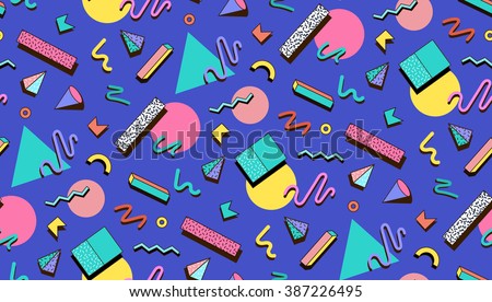 Bright vector template 80s. Abstract geometric shapes on a blue background. Illustration for hipsters Memphis style. - stock vector Bright vector template 80s. Abstract geometric shapes on a blue background. Illustration for hipsters Memphis style. - stock vector