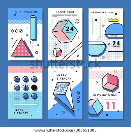 A set of cards with geometric elements Memphis. Bright composition hipster party, festival, birthday card. - stock vector A set of cards with geometric elements Memphis. Bright composition hipster party, festival, birthday card. - stock vector