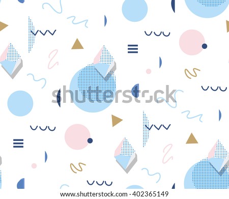 Retro Memphis 80s or 90s style fashion abstract background seamless pattern. Golden triangles, circles, lines. Good for design textile fabric, wrapping paper and wallpaper on the site. - stock vector Retro Memphis 80s or 90s style fashion abstract background seamless pattern. Golden triangles, circles, lines. Good for design textile fabric, wrapping paper and wallpaper on the site. - stock vector