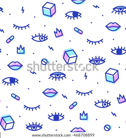 Seamless pattern in the style of psychedelic eyes with his lips. Style offset and multiply. The template for the cover fabric, books. Modern design for a party. Seamless pattern in the style of psychedelic eyes with his lips. Style offset and multiply. The template for the cover fabric, books. Modern design for a party.