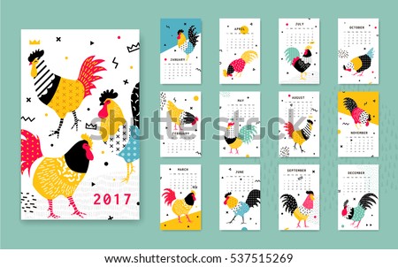 Template calendar 2017 with a rooster in Memphis style. Rooster symbol of Chinese New Year. 12 illustrations of birds with different geometric ornaments in the style of 80-90. Template calendar 2017 with a rooster in Memphis style. Rooster symbol of Chinese New Year. 12 illustrations of birds with different geometric ornaments in the style of 80-90.
