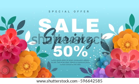 Spring sale banner with paper flowers on a blue background. Banner perfect for promotions, magazines, advertising, web sites. Vector illustration. Spring sale banner with paper flowers on a blue background. Banner perfect for promotions, magazines, advertising, web sites. Vector illustration.