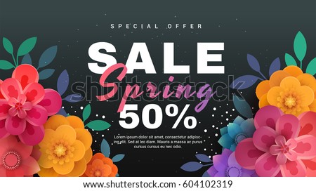 Spring sale banner with paper flowers on a black background. Vector illustration perfect for promotions, magazines, advertising, web sites. Spring sale banner with paper flowers on a black background. Vector illustration perfect for promotions, magazines, advertising, web sites.