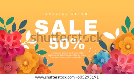 Spring sale banner with paper flowers on a yellow background. Vector illustration. Banner perfect for promotions, magazines, advertising, web sites. Spring sale banner with paper flowers on a yellow background. Vector illustration. Banner perfect for promotions, magazines, advertising, web sites.