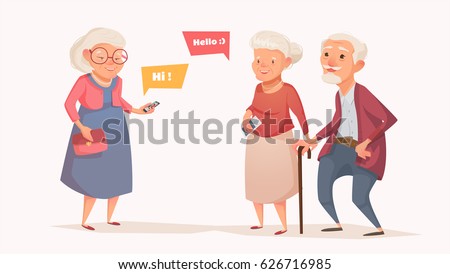 Elderly couple and an old woman in the style of a cartoon. Old people get together. Vector illustration of a flat design. Bubble for text. Elderly couple and an old woman in the style of a cartoon. Old people get together. Vector illustration of a flat design. Bubble for text.