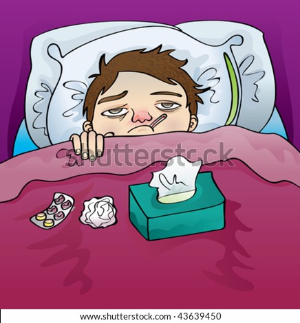 ... poor guy sick in bed with a thermometer in his mouth. - stock vector