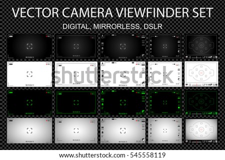 Modern camera focusing screen with settings 20 in 1 pack - digital, mirorless, DSLR. White, black and green viewfinders camera recording. Vector illustration Modern camera focusing screen with settings 20 in 1 pack - digital, mirorless, DSLR. White, black and green viewfinders camera recording. Vector illustration