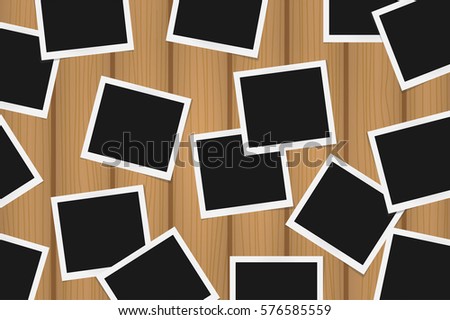 Background of realistic photo frames on brown wooden texture. Template retro photo design. Vector illustration Background of realistic photo frames on brown wooden texture. Template retro photo design. Vector illustration