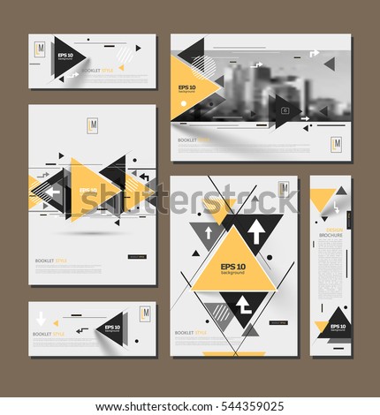 Abstract binder art. White brochure cover design. Info banner frame. Elegant ad flyer text font. A4 title sheet model set. Fancy vector front page. City view blurb. Yellow, black triangle figures icon Abstract binder art. White brochure cover design. Info banner frame. Elegant ad flyer text font. A4 title sheet model set. Fancy vector front page. City view blurb. Yellow, black triangle figures icon