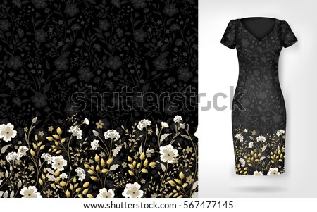 Cute pattern in small simple flowers. Seamless background and seamless border on different file layers. An example of the pattern of the dress mock up. Vector illustration. Gold and white on black Cute pattern in small simple flowers. Seamless background and seamless border on different file layers. An example of the pattern of the dress mock up. Vector illustration. Gold and white on black