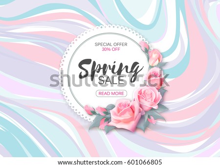 Spring sale vector banner design with flowers and frame. Pink roses on marble background. Spring sale vector banner design with flowers and frame. Pink roses on marble background.