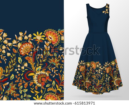 Vertical seamless fashion background. Women's long dress mock up with bright seamless hand drawn pattern for textile, paper print. Isolated dark blue dress with orange brown pattern. vector Vertical seamless fashion background. Women's long dress mock up with bright seamless hand drawn pattern for textile, paper print. Isolated dark blue dress with orange brown pattern. vector