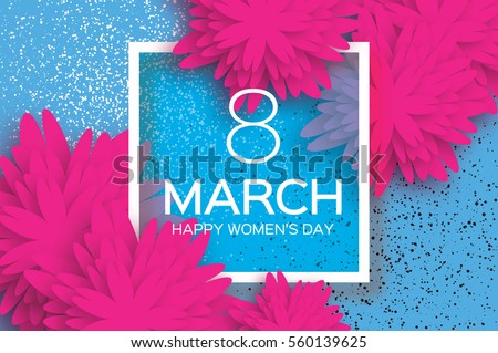 Pink 8 March. Floral Greeting card. Happy Women's Day. Paper cut flower holiday background with square Frame and space for text. Origami Trendy Design Template. Happy Mother's Day. Vector illustration Pink 8 March. Floral Greeting card. Happy Women's Day. Paper cut flower holiday background with square Frame and space for text. Origami Trendy Design Template. Happy Mother's Day. Vector illustration