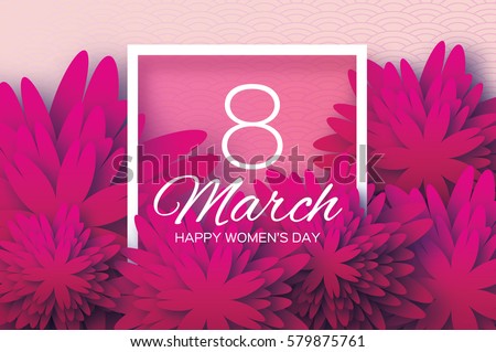 Magenta Pink Paper Cut flower. 8 March. Women's Day Greeting card. Origami Floral bouquet. Square frame. Space for text. Happy Mother's Day. Circle background. Vector Spring illustration Magenta Pink Paper Cut flower. 8 March. Women's Day Greeting card. Origami Floral bouquet. Square frame. Space for text. Happy Mother's Day. Circle background. Vector Spring illustration